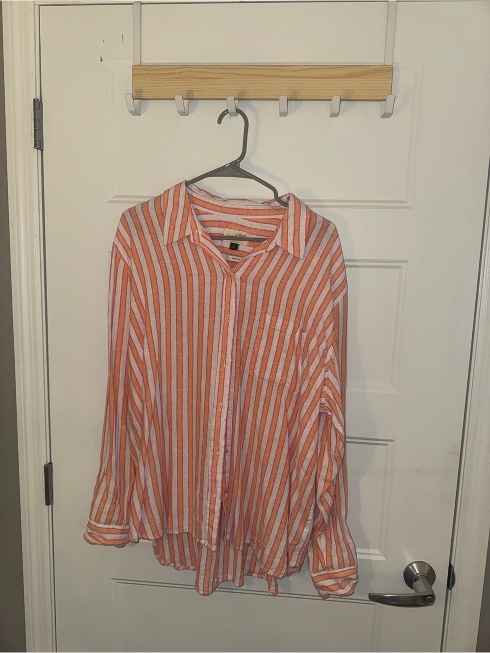 Women’s Orange and White Striped Button-Up Shirt